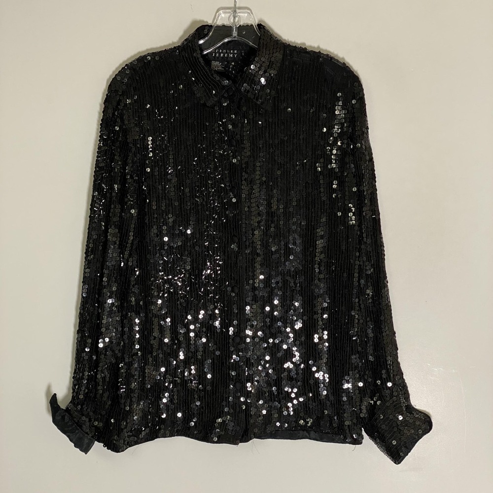 Vintage Spenser Jeremy Shirt Womens 4 Black Silk Sequin Classy Whimsy Party Top